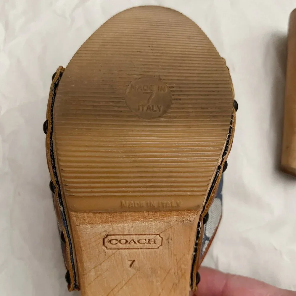 Coach Brenda Logo Wooden Platform Heeled Sandals Sz 7 Blue Made in Italy - Picture 6 of 12